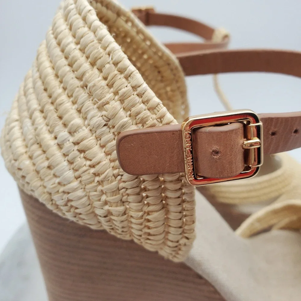 Tory Burch Carina Macrame Straw Wedge Sandals Royal Tan Leather T-Strap US 9.5M